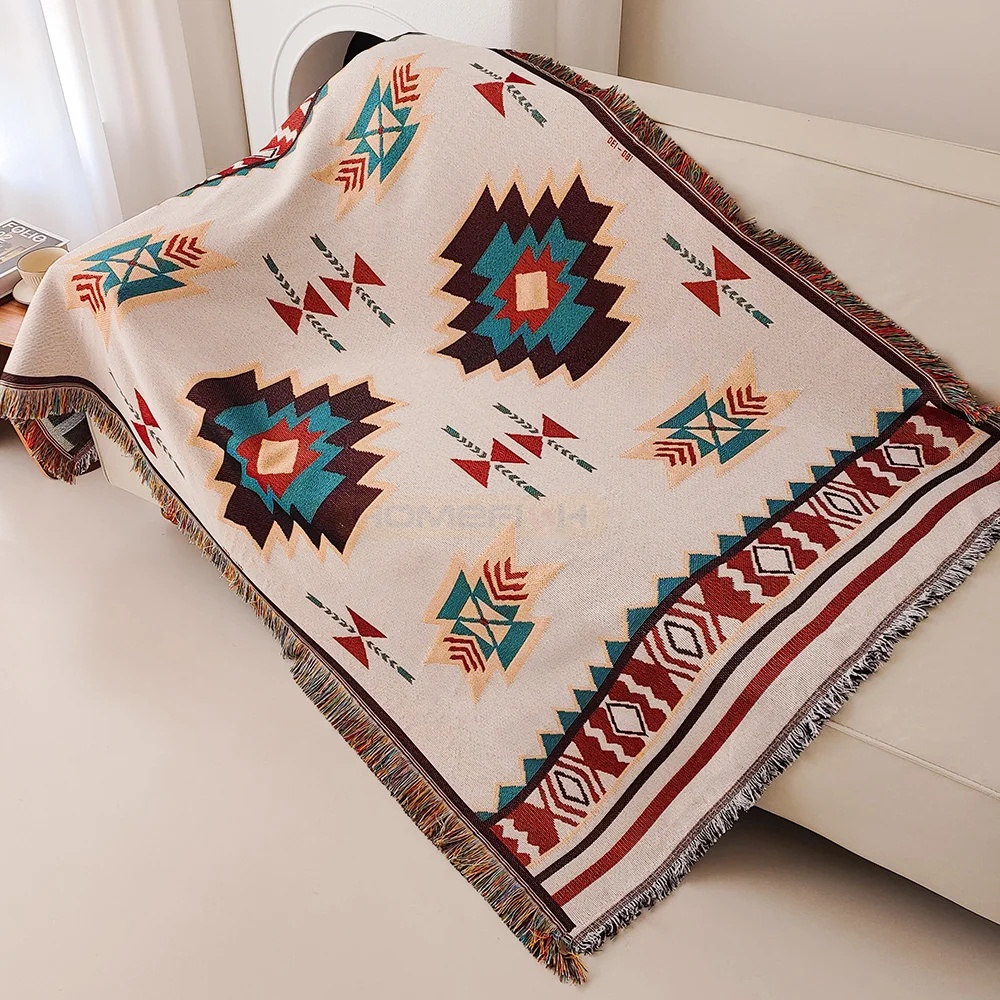 Boho Throw Blanket Fringe - Плед в стиле ацтеков, увеличенный, в