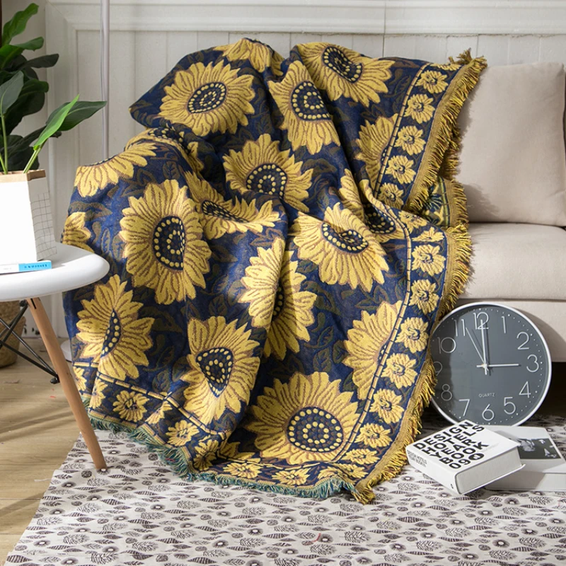 Boho Throw Blanket Fringe - Текстильный город Ins Сельский синий Подсолнух